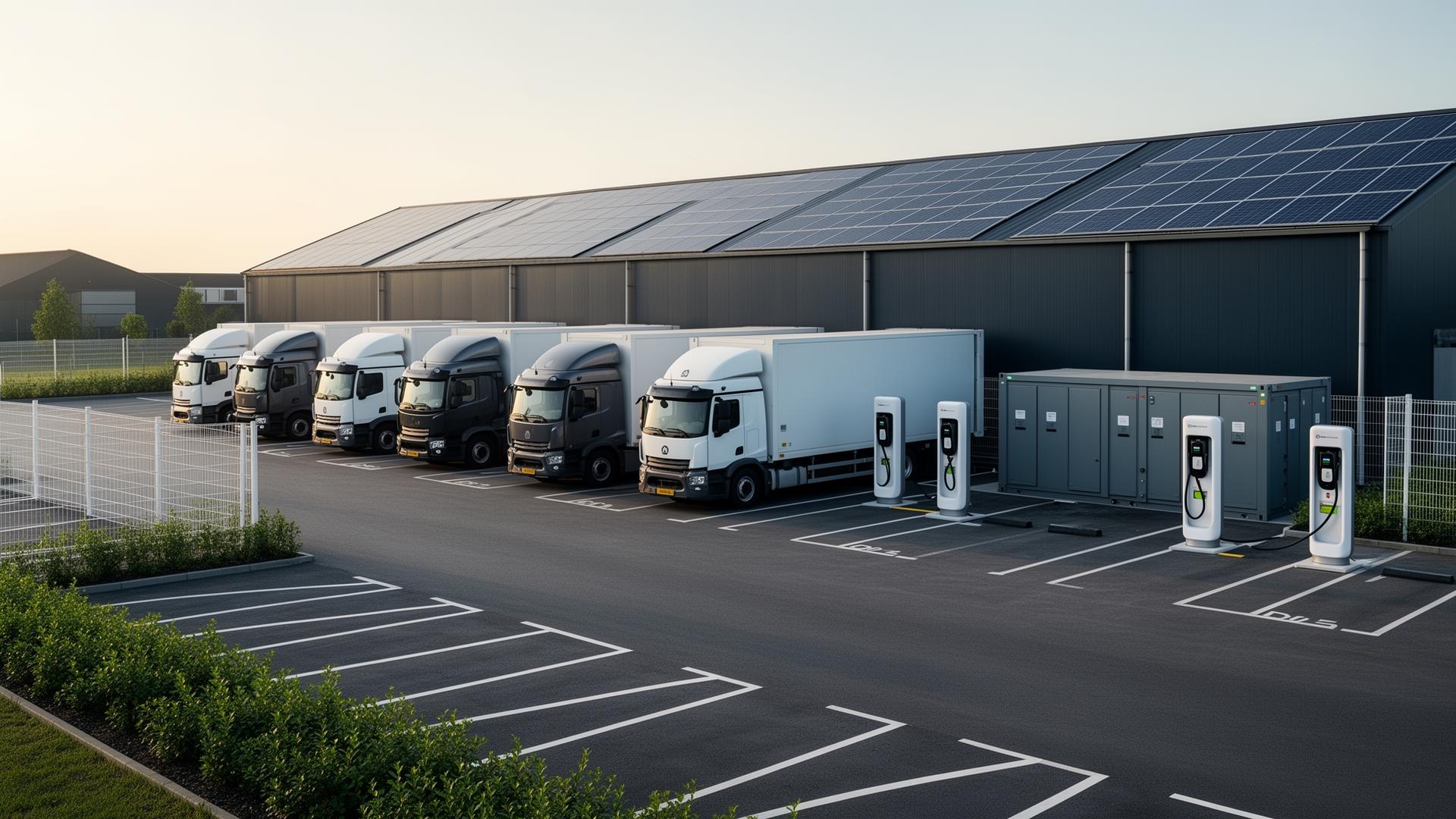 Logistiek depot met elektrische trucks, fast chargers, batterijcontainer en zonnepanelen op de hal