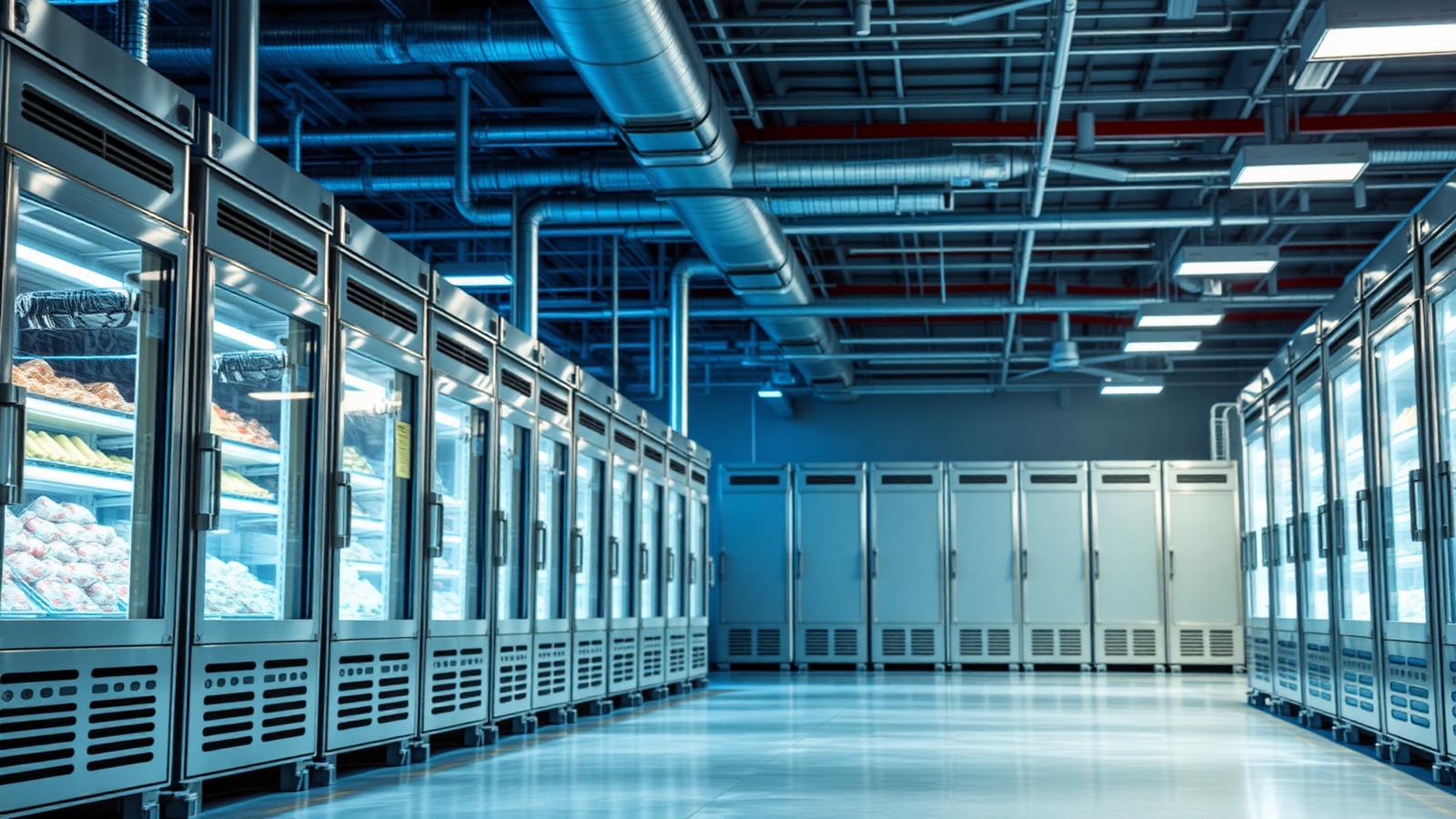 Interieur van een gekoelde foodlocatie met koelinstallaties