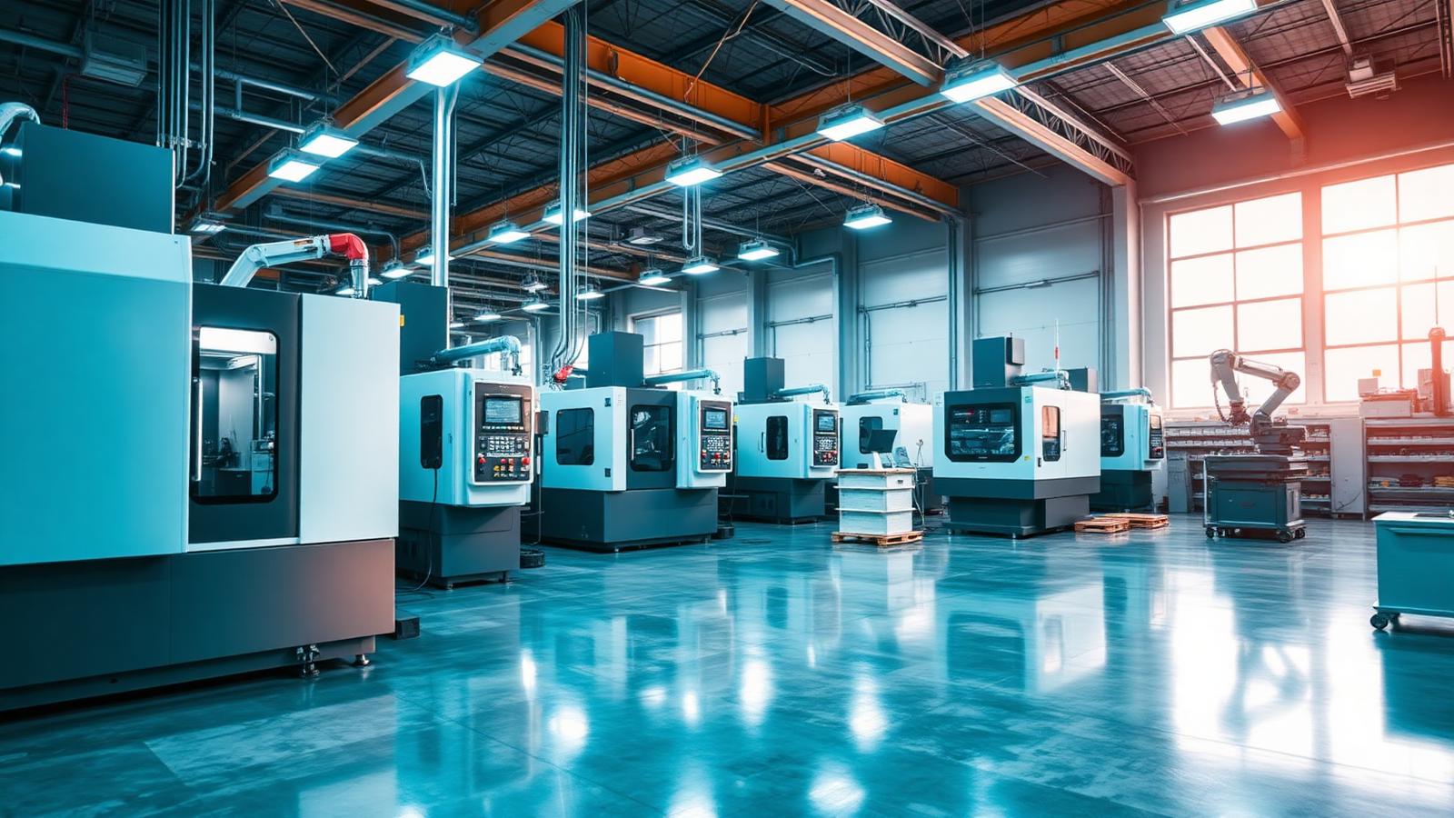 Productiehal met CNC-machines en robotarm