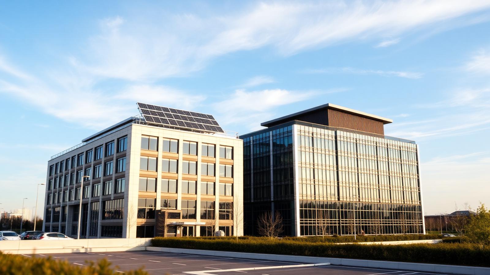 Modern kantoorgebouw met zonnepanelen op het dak